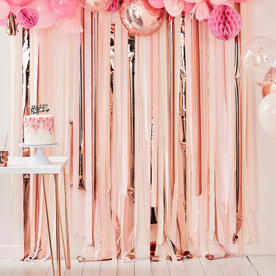 Pink & Rose Gold Party Streamers Backdrop - Team Hen