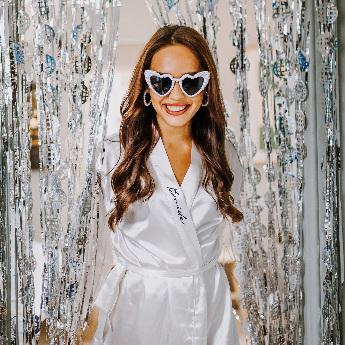 White satin Bride dressing gown with black embroidery