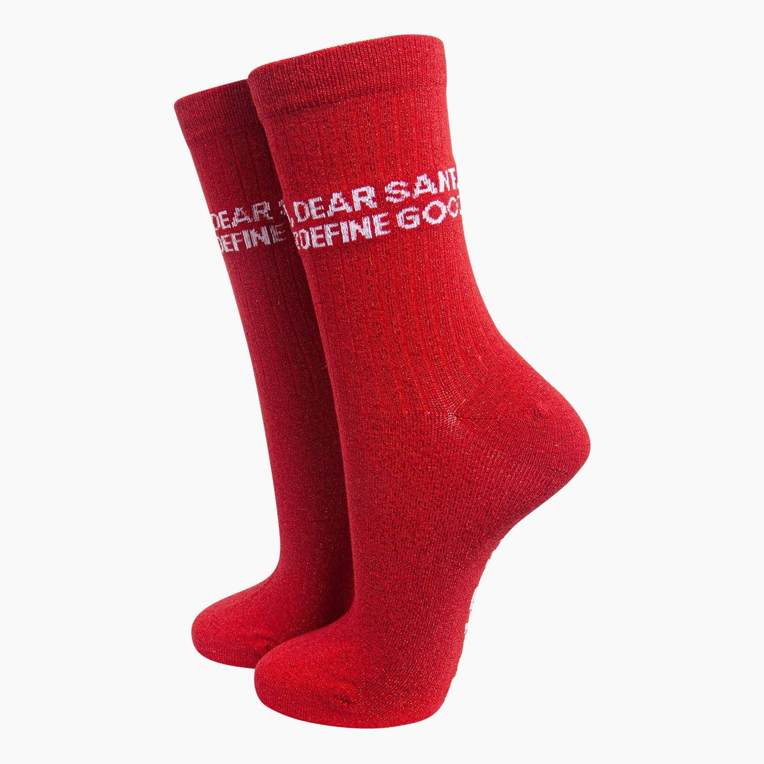 Dear Santa, Define Good? Red Glitter Socks