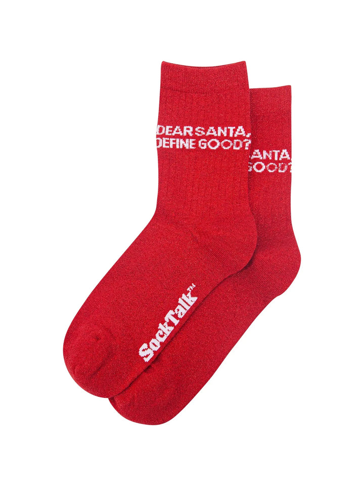 Dear Santa, Define Good? Red Glitter Socks