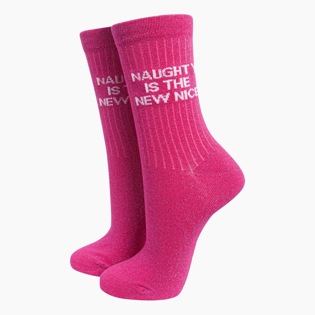 Naughty Is The New Nice Pink Glitter Socks