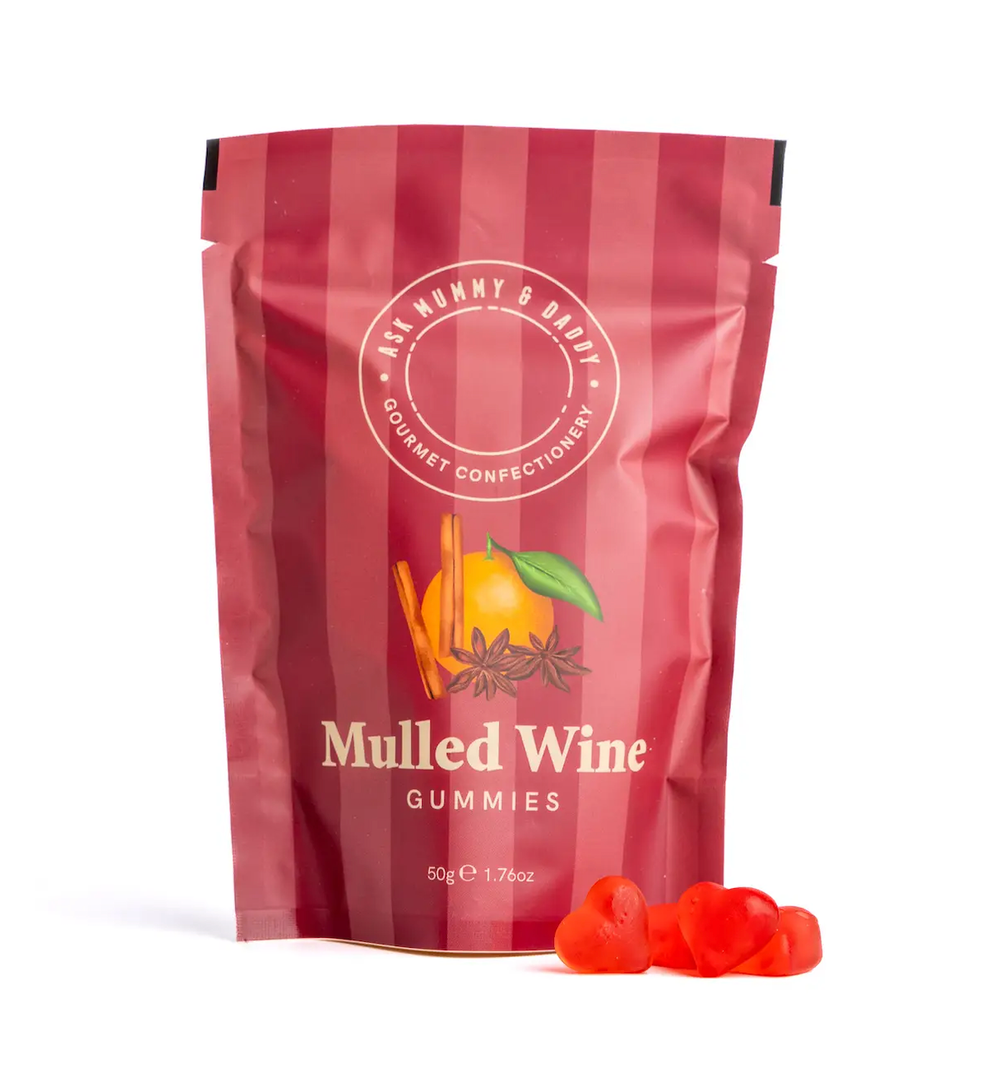 Pouch of Mulled Wine Gummy Bears for Christmas hen party favours and gift boxes