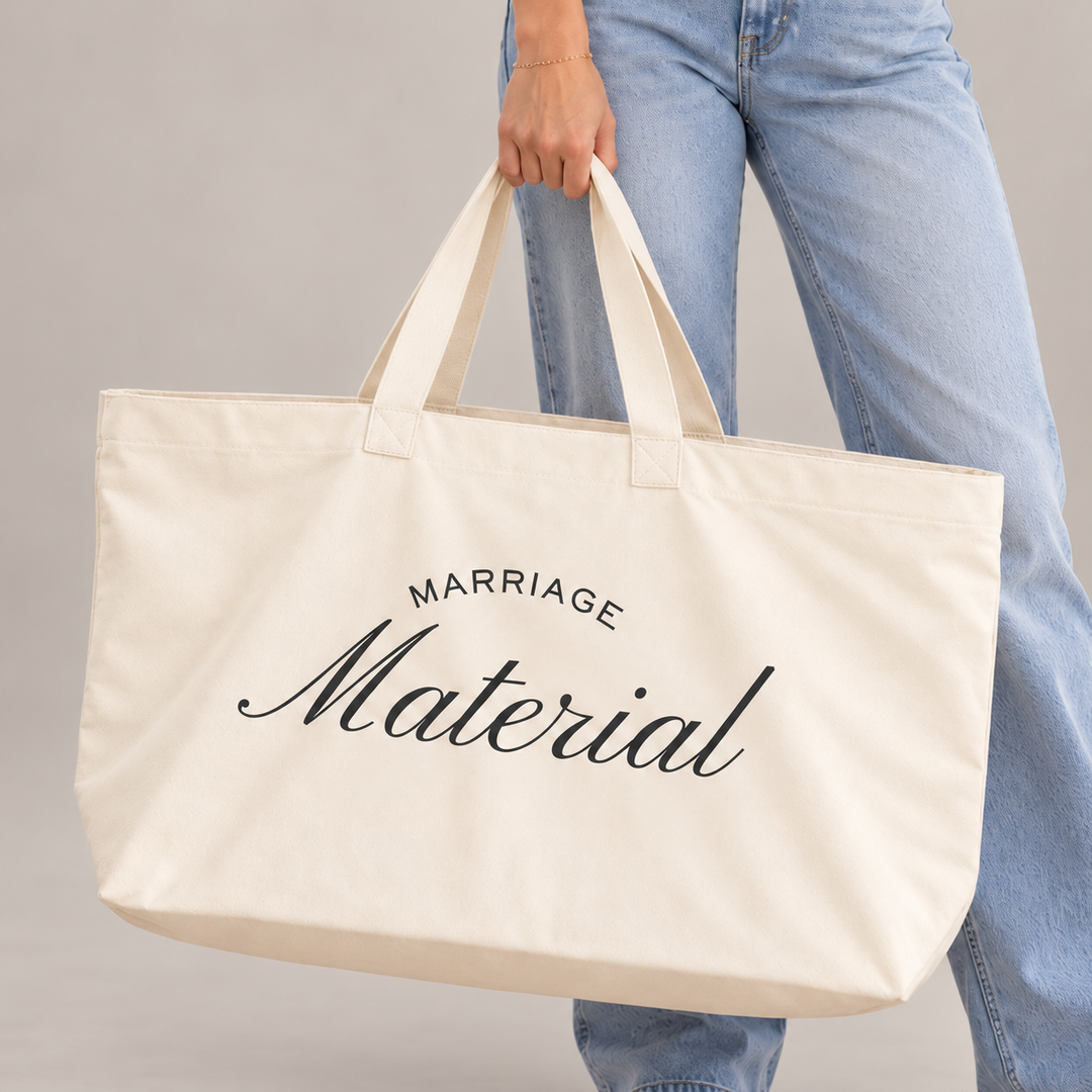 Cream canvas Marriage Material XL shopper tote bag