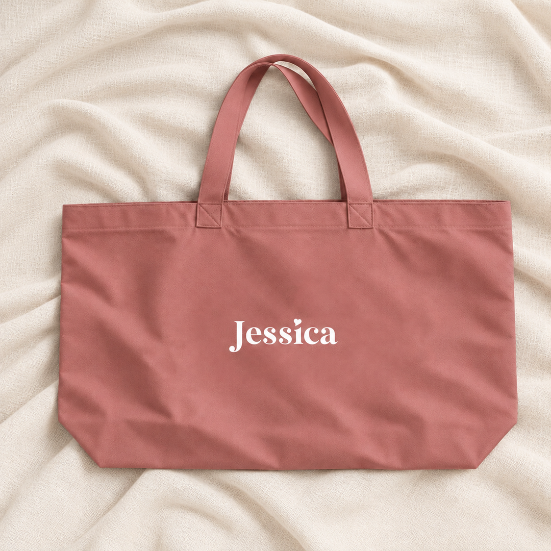 Dusty rose pink personalised bridesmaid XL tote bag on ivory linen
