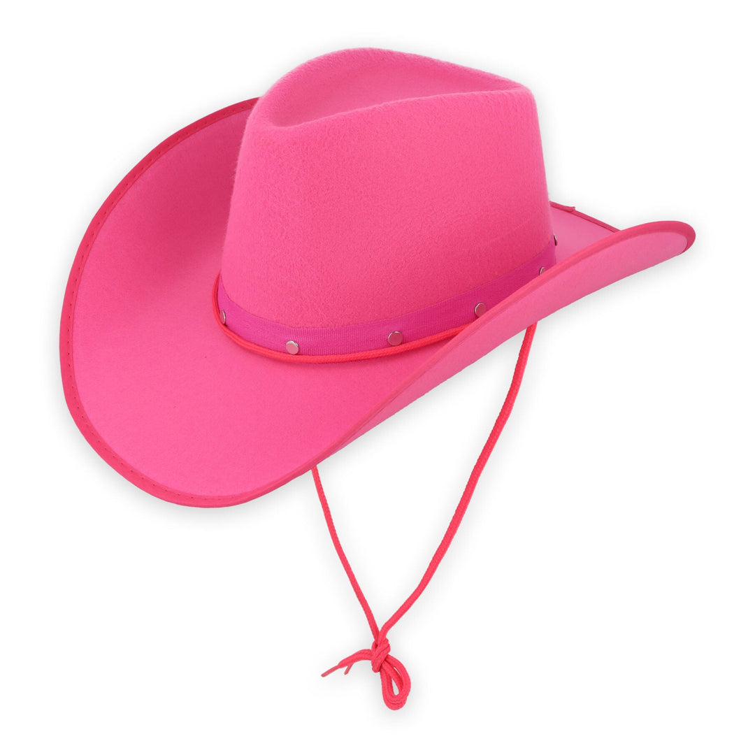 A bright pink cowboy hat with a matching pink chin strap, shown against a plain white background.