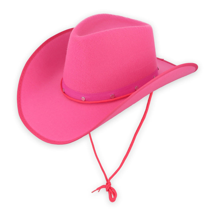 A bright pink cowboy hat with a matching pink chin strap, shown against a plain white background.
