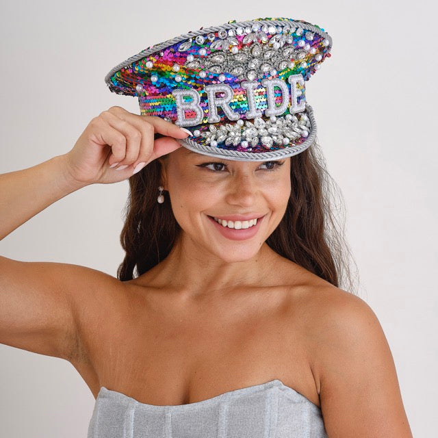 Rainbow Rhinestone & Pearl Embellished Bride Hat