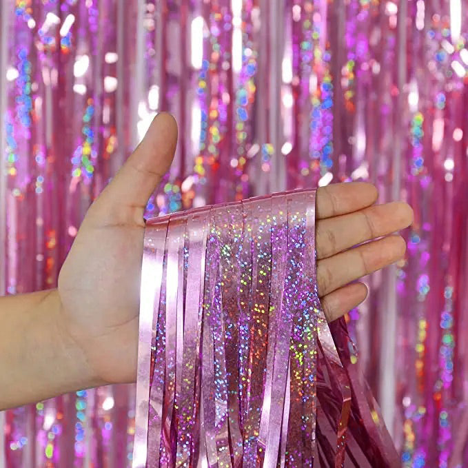 Pink Iridescent Sparkle Foil Fringe Curtain Backdrop | 2 Pack