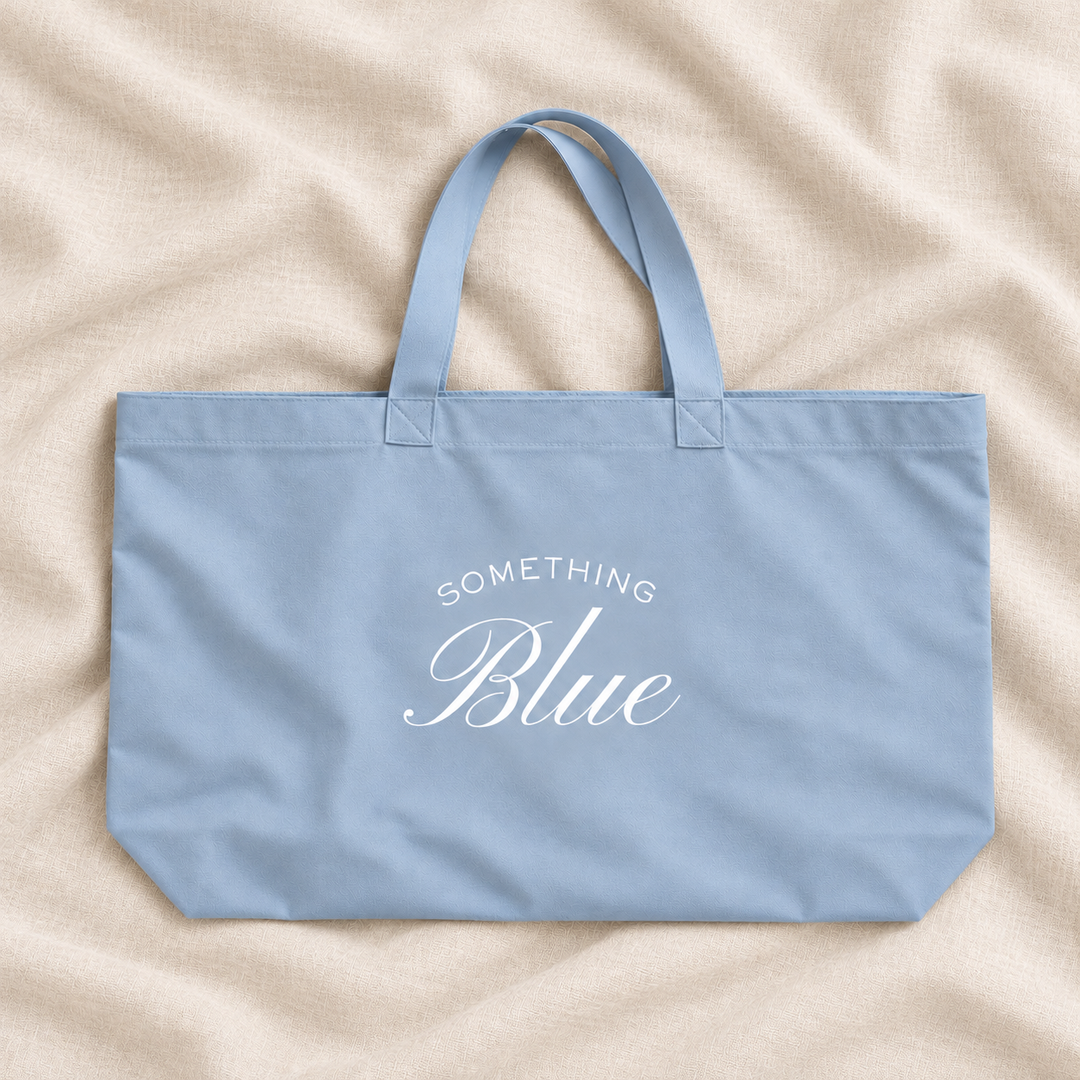 Pastel blue Something Blue bridal XL shopper tote bag on ivory linen