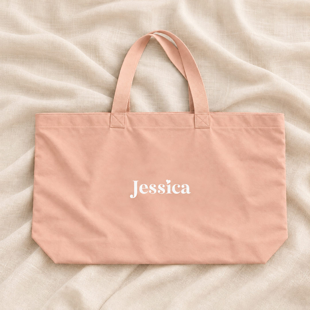 Pale peach personalised bridesmaid XL tote bag on ivory linen
