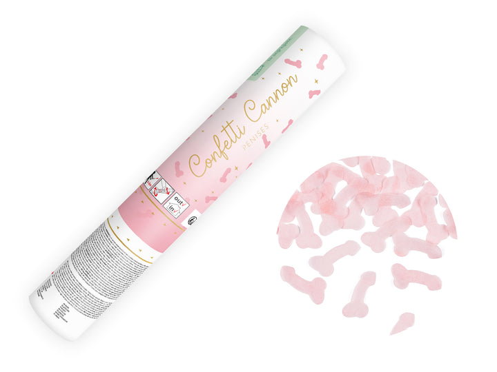 Confetti cannon with pink confetti on a white background