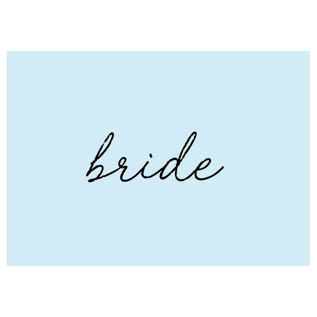 A light blue rectangular card or sign with the word 'bride' written in black cursive script at the center, shown against a white background.