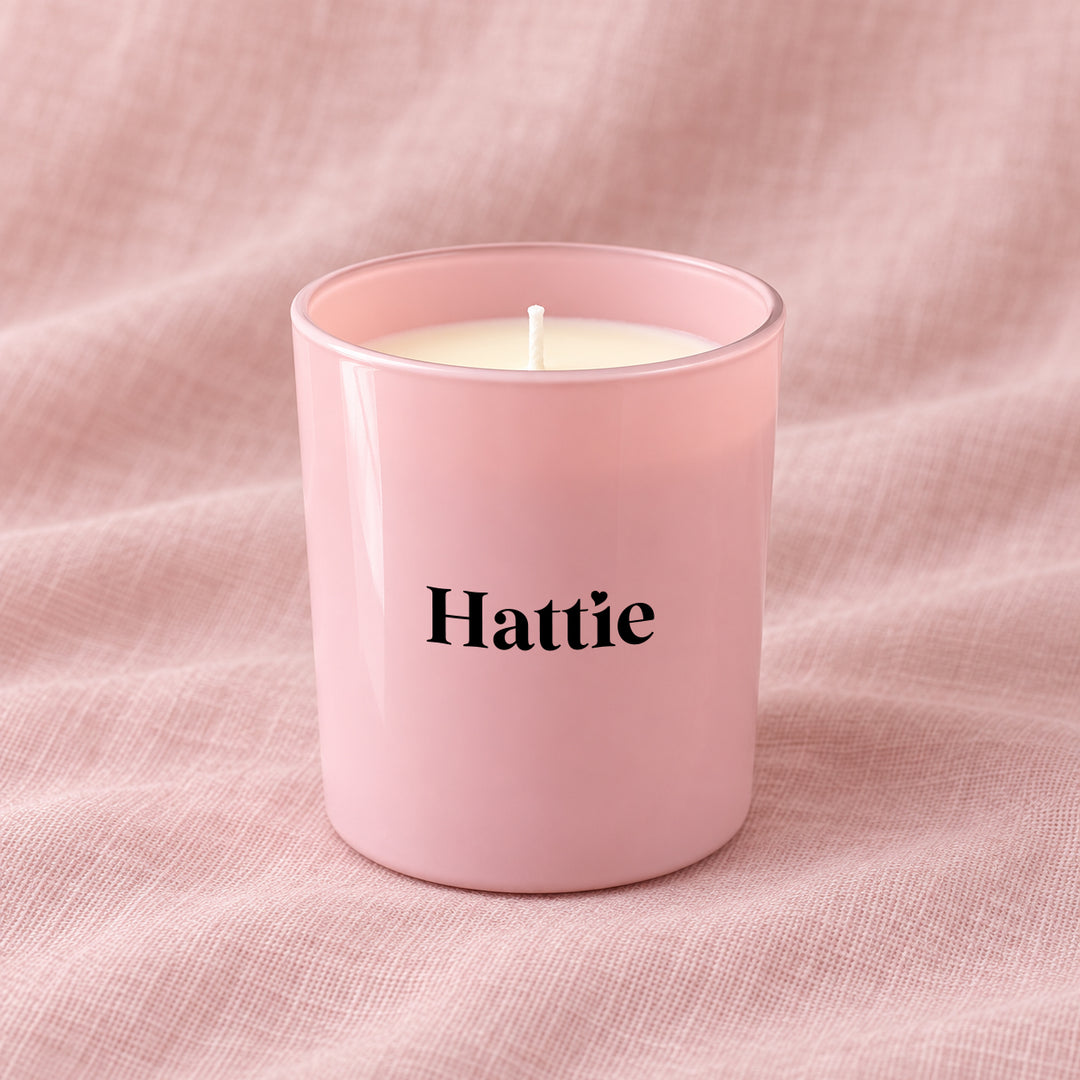 Personalised bridesmaid candle with the name Hattie in black lettering