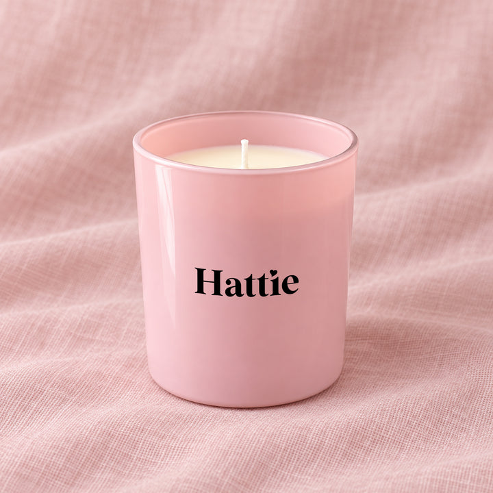 Personalised bridesmaid candle with the name Hattie in black lettering
