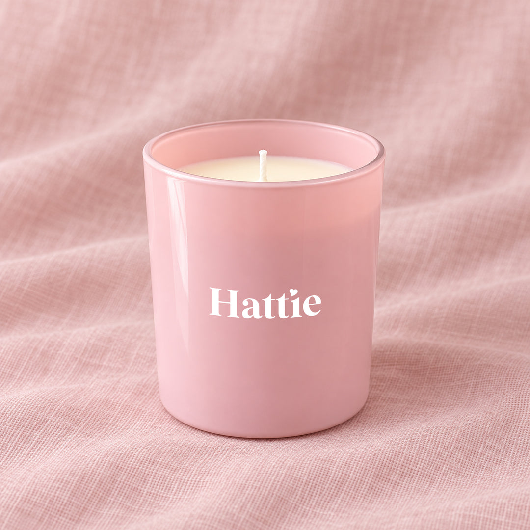 Personalised bridesmaid candle with the name Hattie in white lettering