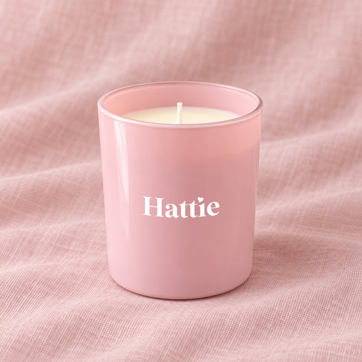 Personalised bridesmaid candle with the name Hattie in white lettering