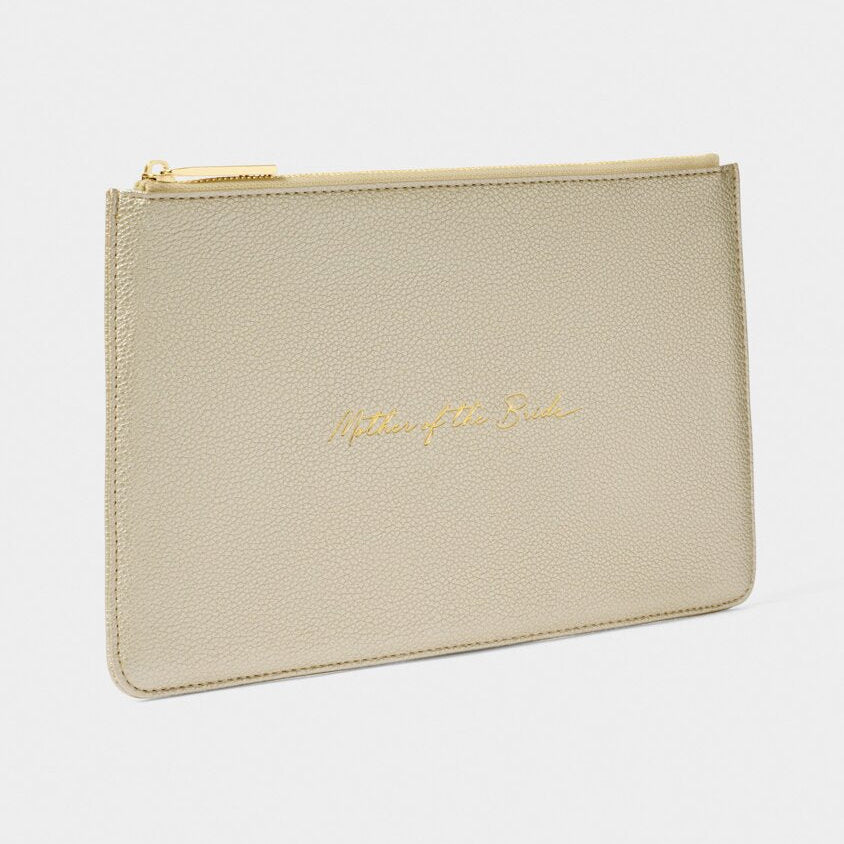 Beige pouch with gold text on a white background