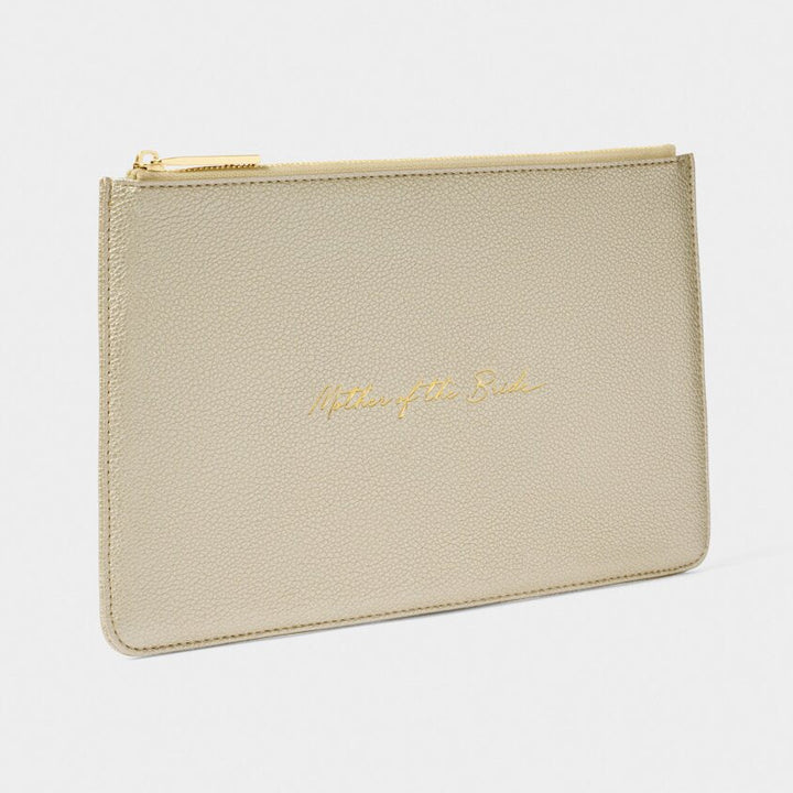 Beige pouch with gold text on a white background