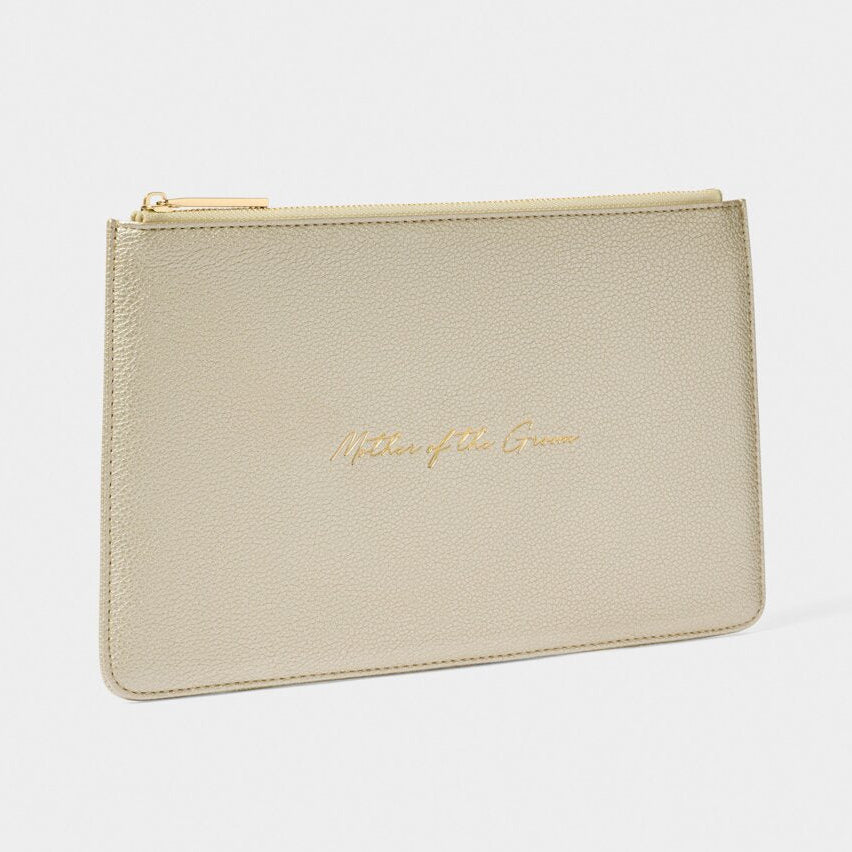 Beige pouch with gold zipper and 'Katie Loxton' branding on a white background