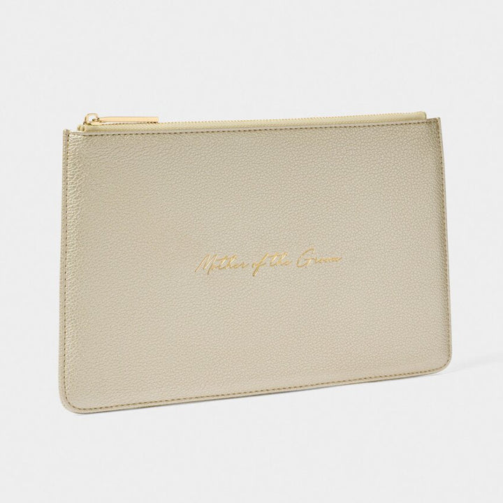 Beige pouch with gold zipper and 'Katie Loxton' branding on a white background