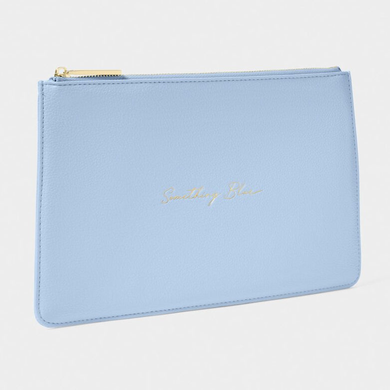 Light blue pouch with gold text on a white background