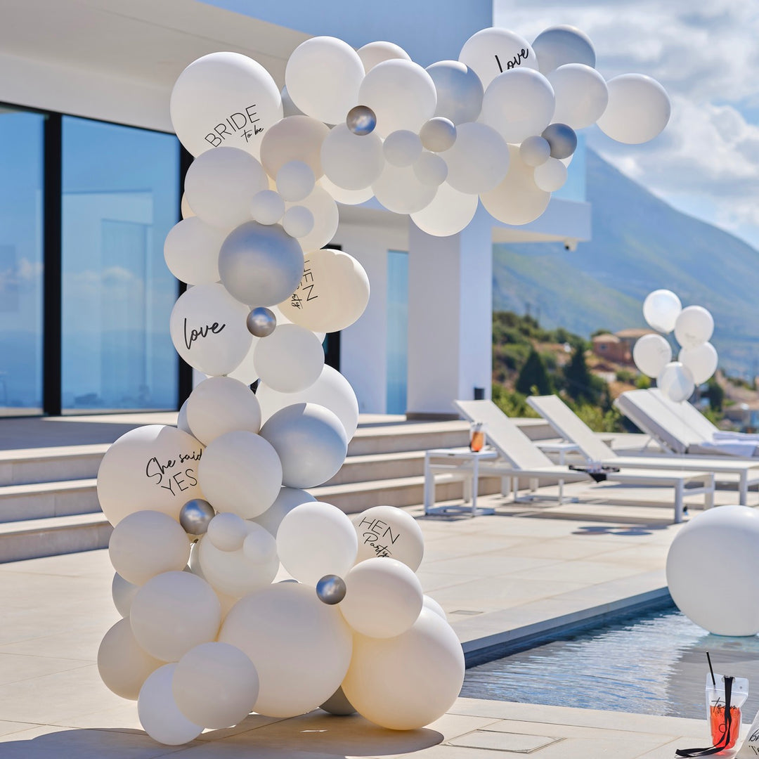 White, Pearl & Silver Balloon Arch Kit - Team Hen