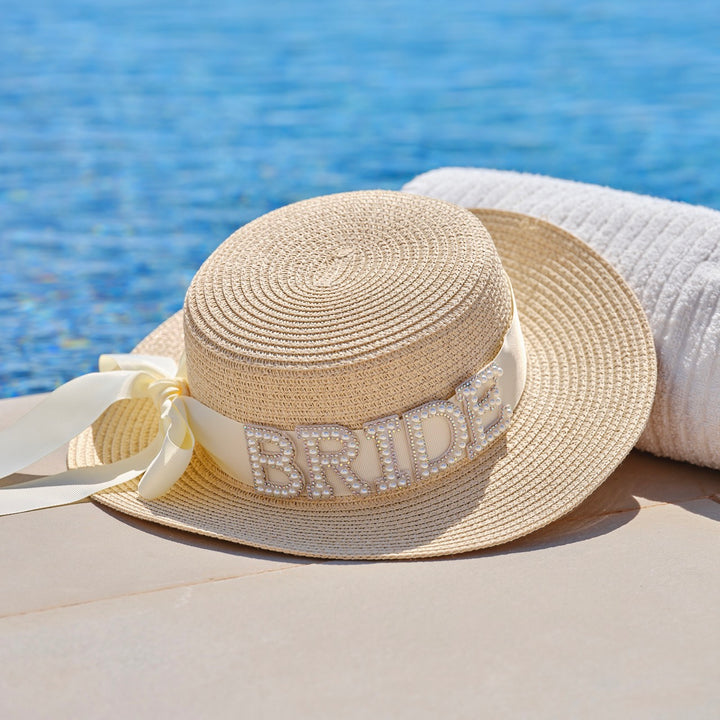 Bride Pearl Embellished Straw Hat - Team Hen